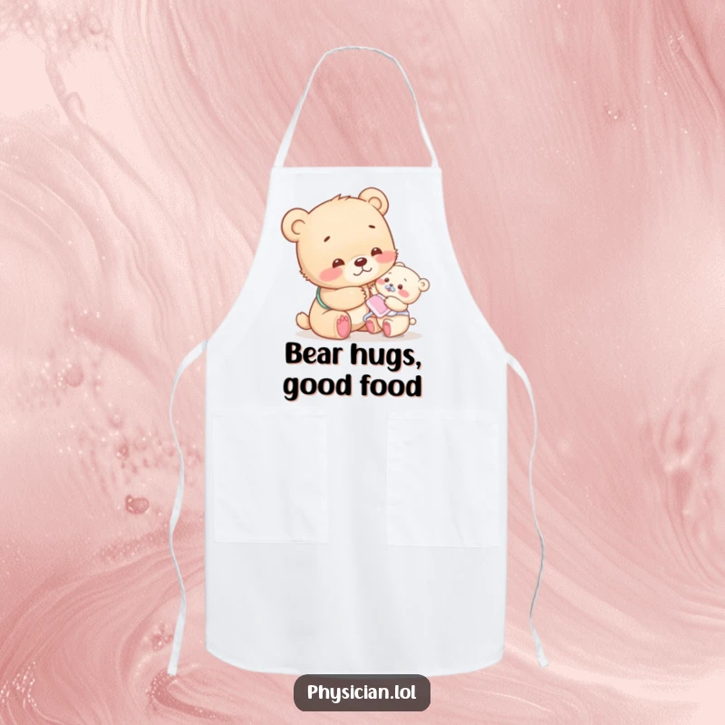 Funny bear cub apron showing a compassionate cub patting a tiny patient, a humorous kitchen accessory.