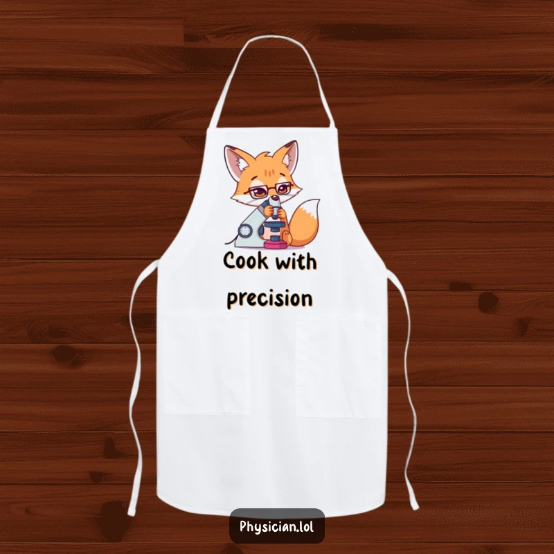 Funny Fox Apron showcasing a determined fox using a microscope with great concentration, perfect for kitchen experiments.