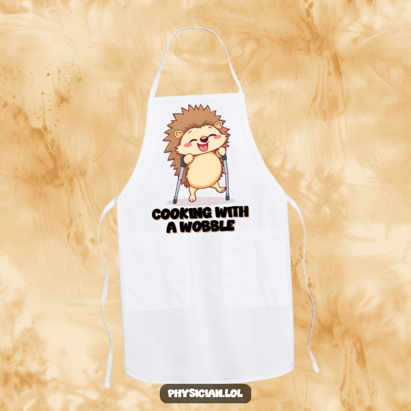 Funny hedgehog apron showing a giggling creature doing a cartwheel on crutches, designed for humorous kitchen adventures and spills.
