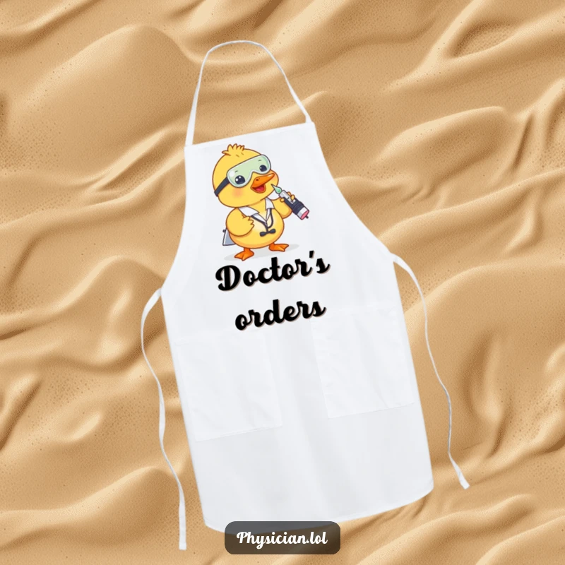 Funny duck doctor apron showing a duck with a dropper, ready for playful, humorous kitchen adventures.