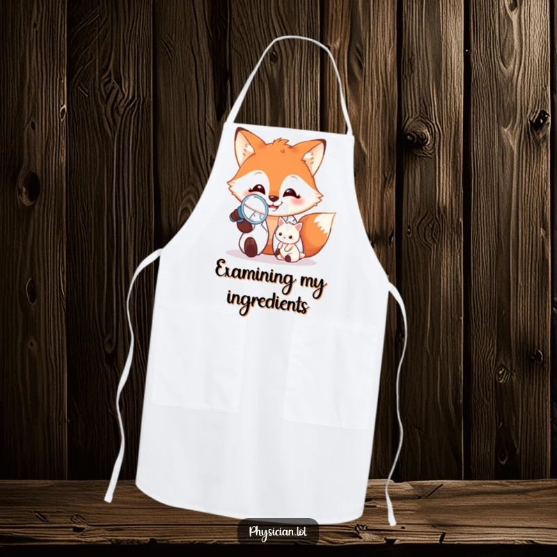 Funny Apron: A humorous cooking accessory with a happy fox doctor examining a tiny patient, for chefs who appreciate precision and humor.