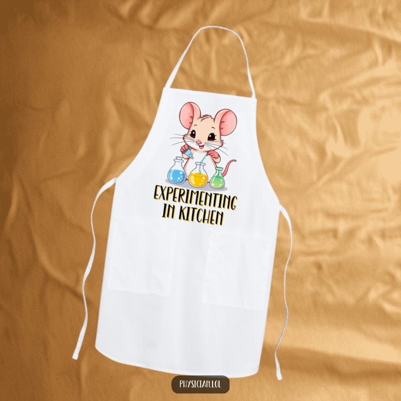 Funny mischievous mouse wearing a lab coat and apron, carefully mixing colorful liquids in tiny beakers.