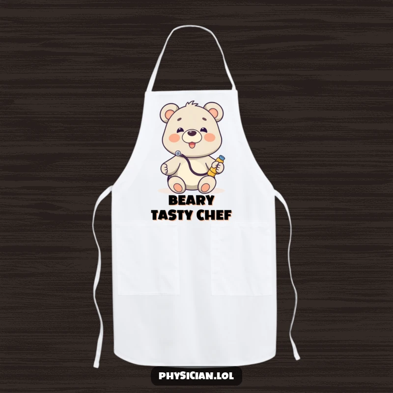 Funny Bear Doctor Apron with a happy bear in a stethoscope, listening to a toy, adding a humorous touch to kitchen duties.