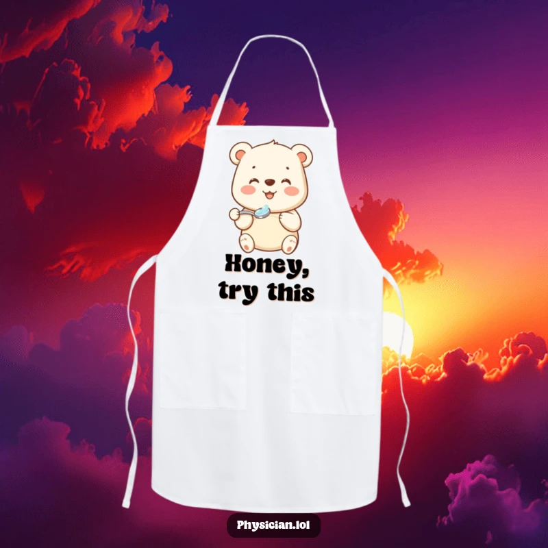 Funny bear medicine apron with a beaming bear holding a spoonful of medicine, designed for kitchen use with a touch of grace.