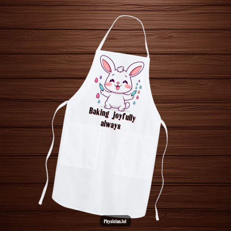 Funny apron graphic of a cheerful bunny character happily administering colorful drops, perfect for humorous kitchen wear and happy chefs.