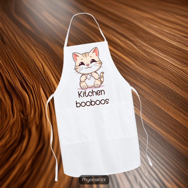 Funny Cat First Aid Apron with a smiling cat applying a colorful bandage, ideal for cooking with a touch of care and humor.