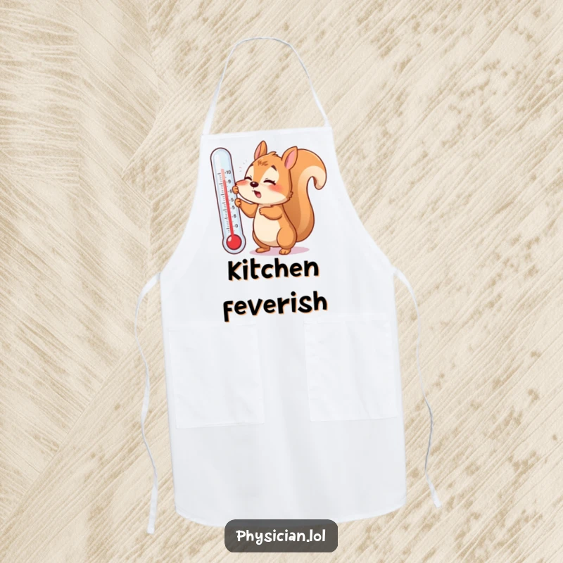 Funny apron featuring a flustered squirrel trying to use a giant thermometer, adding humorous charm to kitchen activities.
