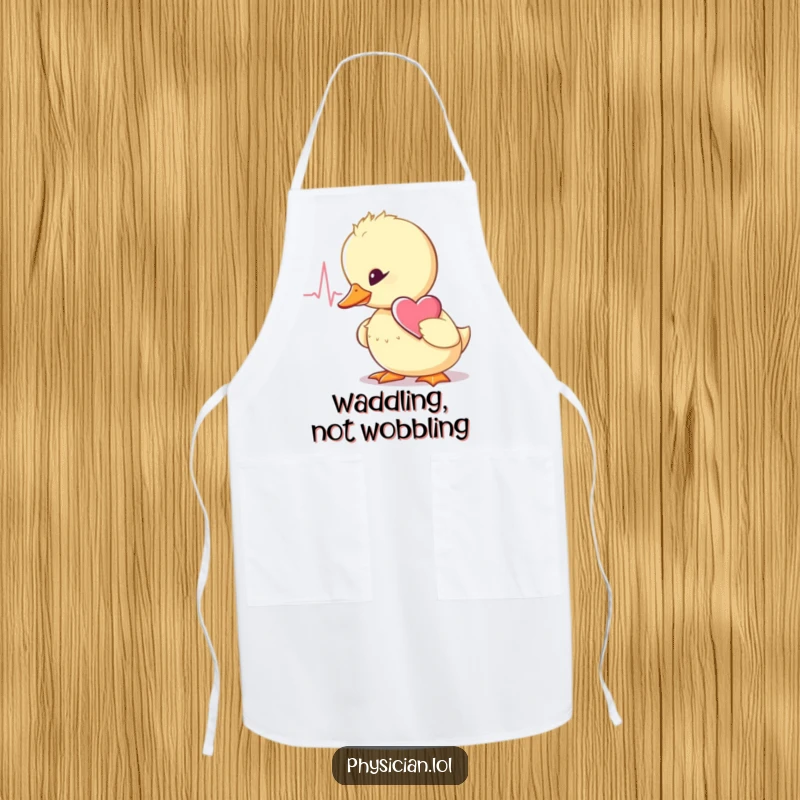 Funny wobbly duckling doctor apron, stethoscope ready, listening intently, perfect for kitchen duty with a cute twist.