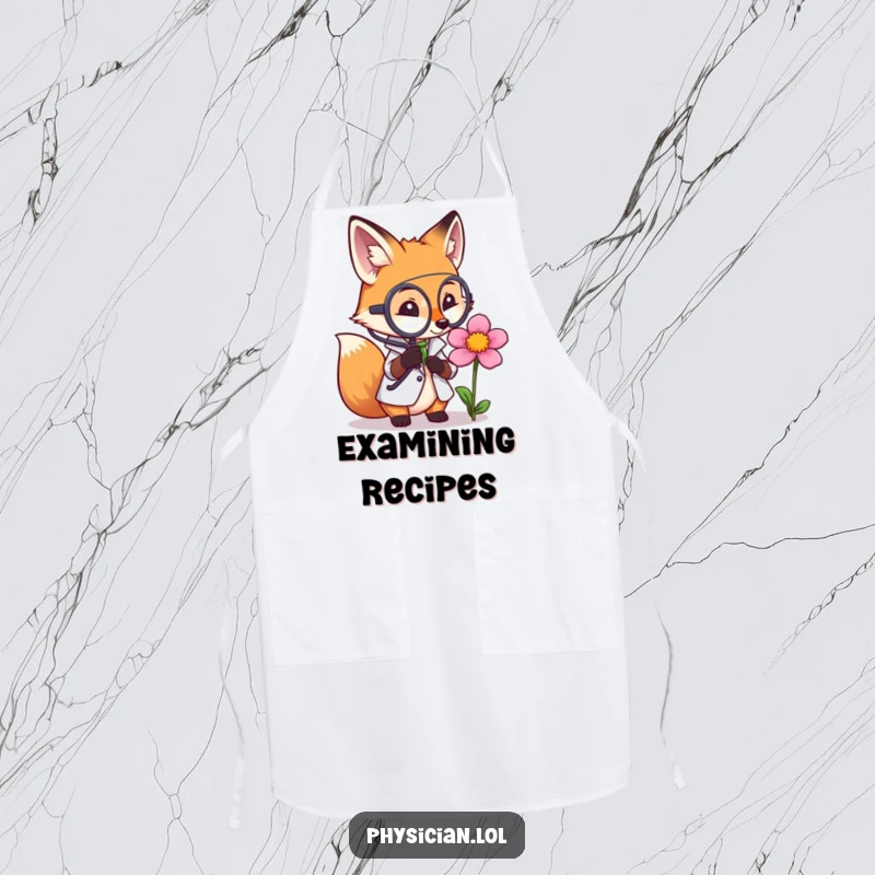 Funny apron featuring a fox doctor thoughtfully examining a flower with a magnifying glass, adding humor and intellectual curiosity to culinary duties.