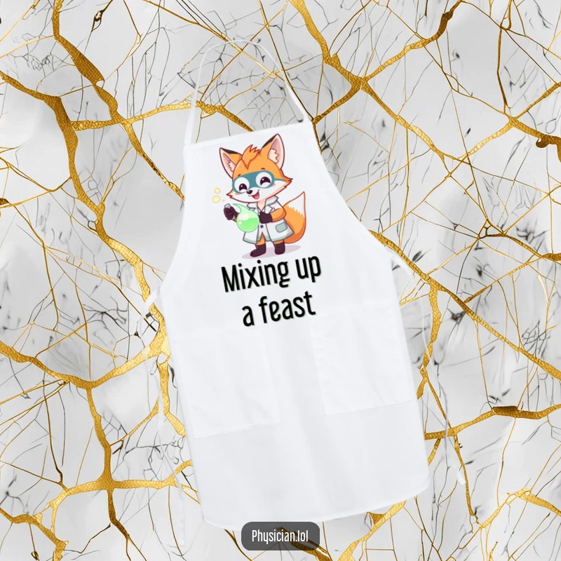 Funny Fox Scientist Apron showing a fox in a lab coat examining a glowing potion, adding a humorous twist to cooking.