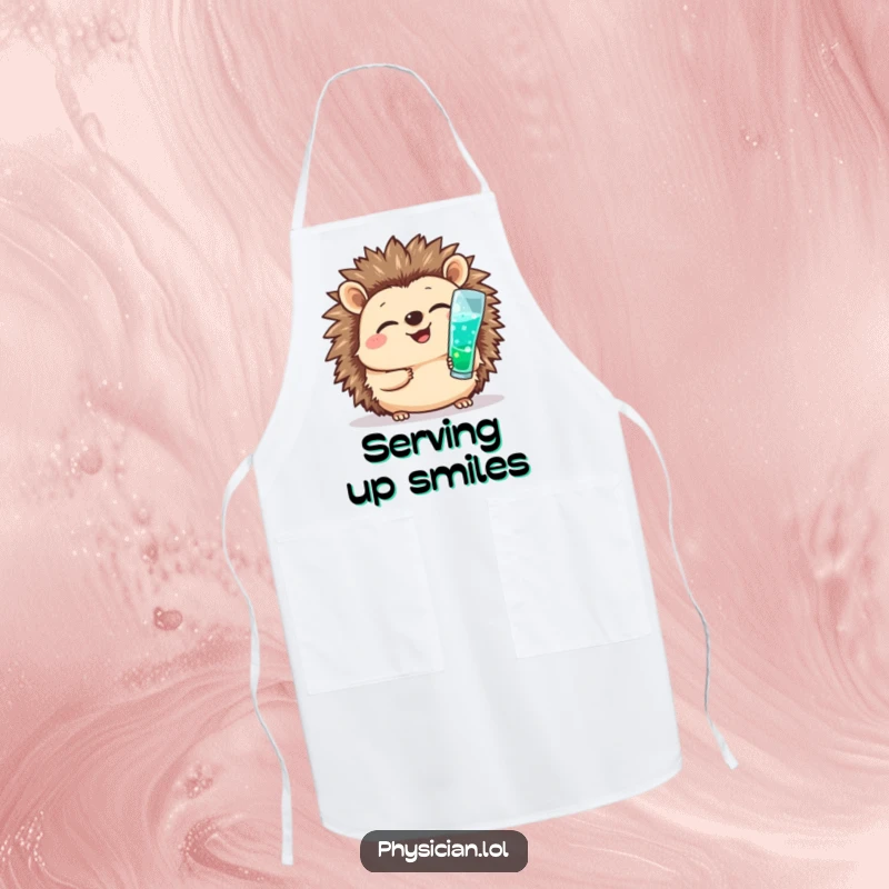 Funny apron depicting a giggling hedgehog nurse cheerfully administering a small shot, bringing cute medical humor to the kitchen.