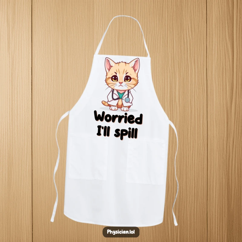 Funny apron featuring a kitten doctor in a white coat looking concerned, adding humor and feline empathy to culinary duties.