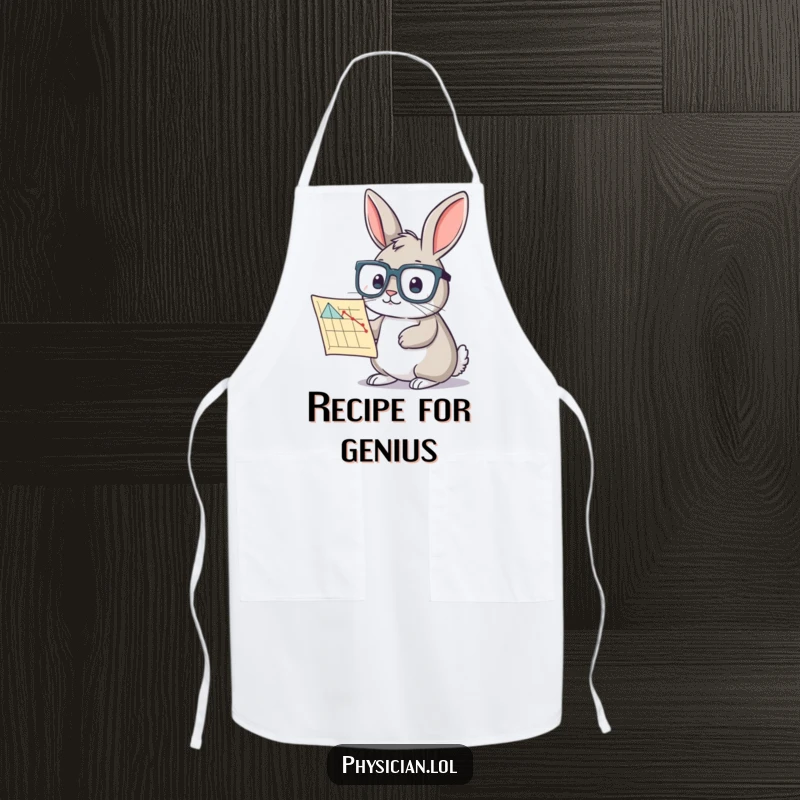 Funny rabbit chart apron featuring a curious rabbit in glasses studying a chart, great for kitchen scholars and humor.