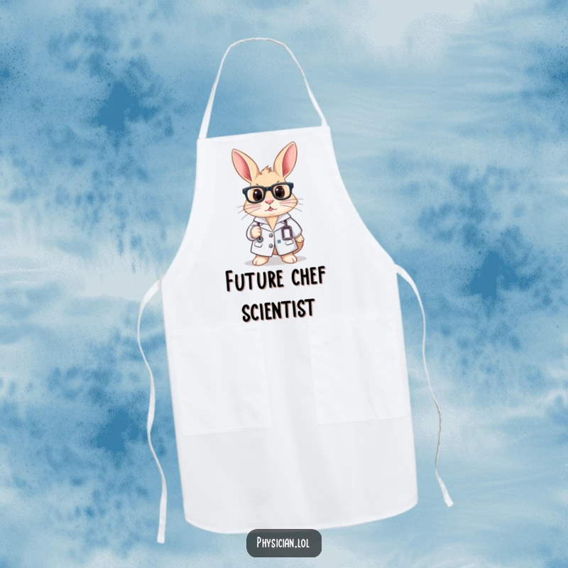 Funny apron showing a curious rabbit wearing a lab coat and glasses, ideal for kitchen experiments and protection.