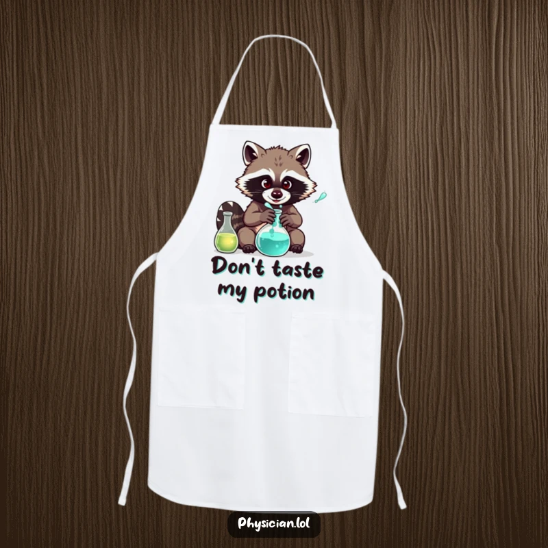 Funny Raccoon Chef Apron: Comical raccoon in a kitchen setting, stirring a beaker, a humorous and practical cooking accessory.