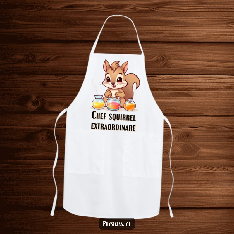 Funny brave squirrel wearing an apron, busily mixing a colorful, bubbling concoction in a charming kitchen setting.