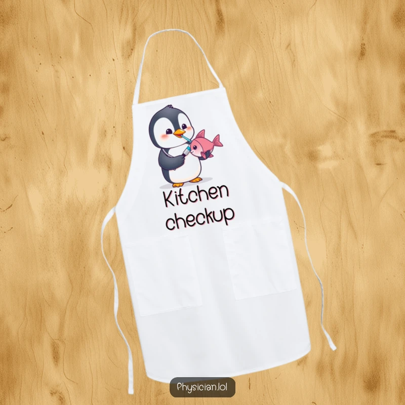 Funny penguin doctor apron with a penguin using a thermometer on a fish, great for kitchen health.