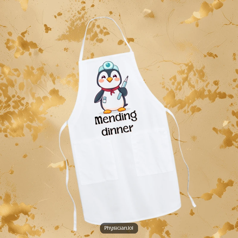 Funny proud penguin apron: a kitchen apron with a penguin doctor holding a medical tool, symbolizing careful cooking.