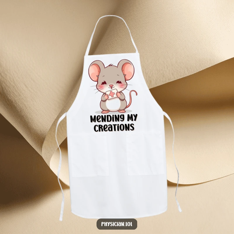 Funny shy mouse apron, baking in the kitchen, offering a bandage, cute and caring kitchen wear.