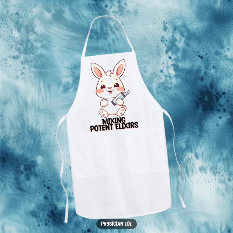 Funny bunny apron showing a happy bunny holding a tiny syringe, a humorous kitchen accessory.
