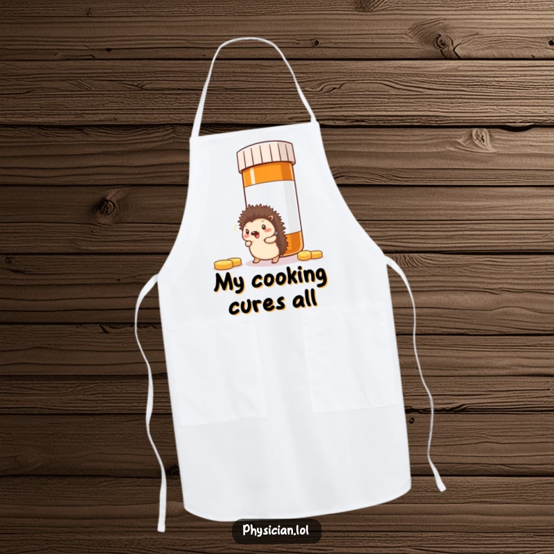 Funny Hedgehog Chef Apron: Comical hedgehog bumping into a giant pill bottle in a kitchen setting, a humorous and practical cooking accessory.