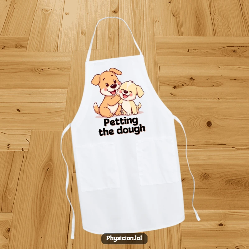 Funny dog giving a puppy a gentle pat, wearing a playful apron, a humorous and practical kitchen accessory.