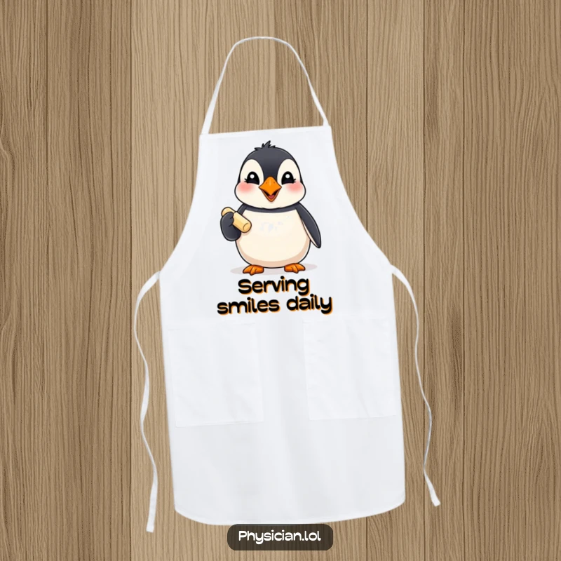 Funny Puffin Apron: A giggling puffin cheerfully holds a small pill, making this a humorous and practical kitchen accessory.