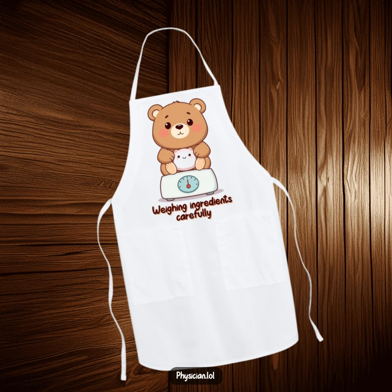 Funny bear apron, depicting a proud bear vet weighing a patient, making kitchen tasks humorous and animal-friendly.