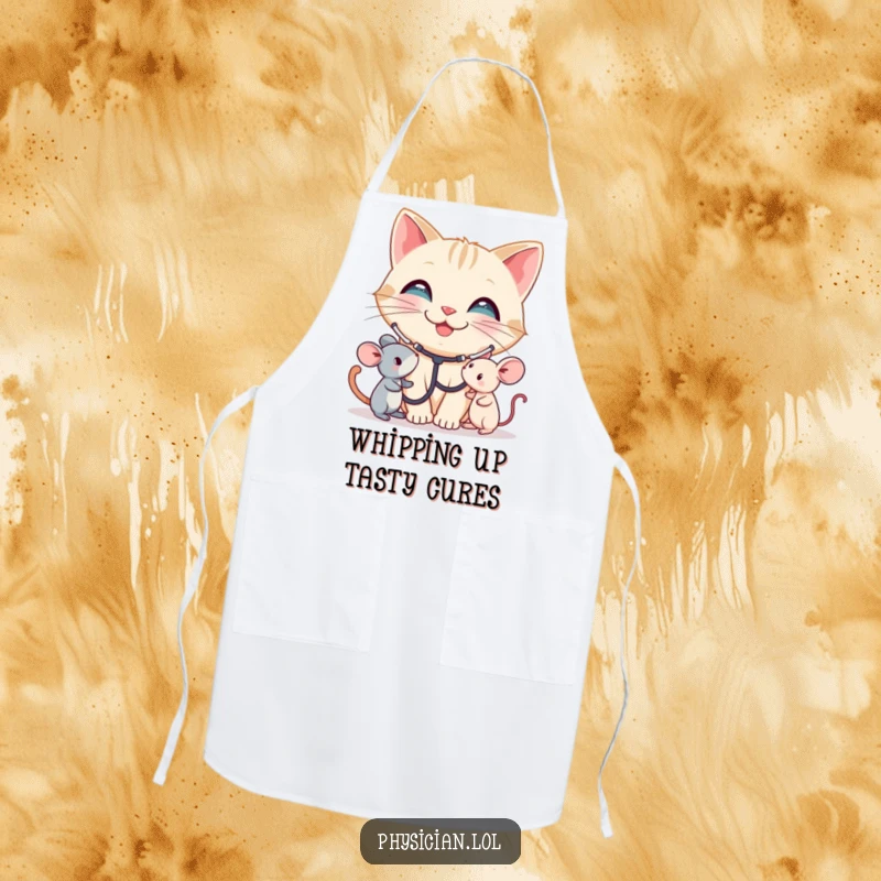 Funny Cat Apron: A smiling cat with a stethoscope is cooking. This humorous apron is practical and caring, a funny gift.
