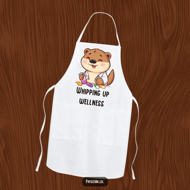 Funny otter doctor with colorful pills, wearing an apron, perfect for kitchen duty and spreading cheer.