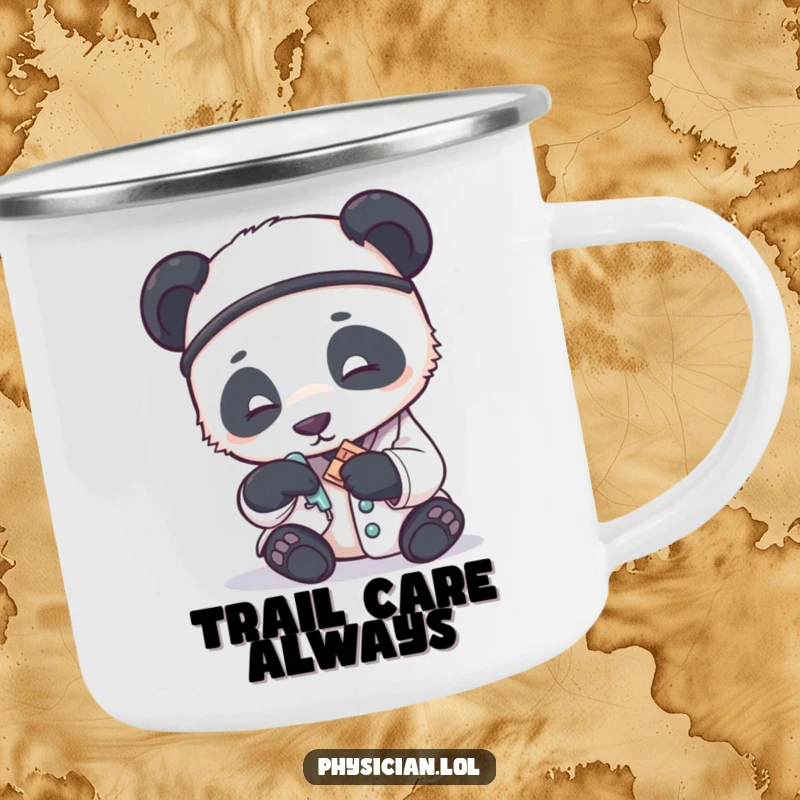 Funny camping mug with a panda doctor gently applying a small bandage, bringing humor and gentle care to outdoor excursions.