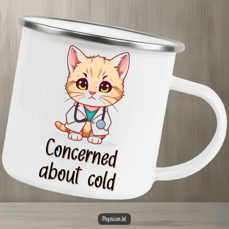 Funny camping mug with a kitten doctor in a white coat looking worried, bringing humor and feline empathy to outdoor excursions.