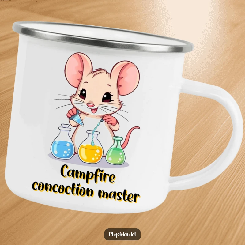 Funny mischievous mouse conducting an experiment with tiny beakers on a camping trip, depicted on a rugged mug.