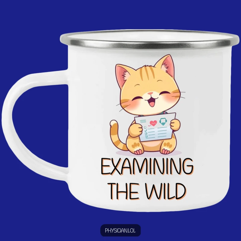 Funny Cat Doctor Camping Mug: Focused Feline Reads Chart, Outdoor Medical Gift