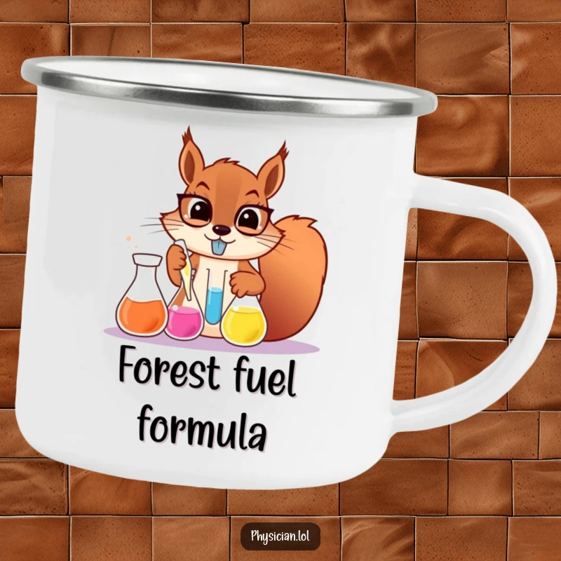 Funny determined squirrel scientist camping mug, a squirrel mixing chemicals in beakers, enamel for outdoor use.