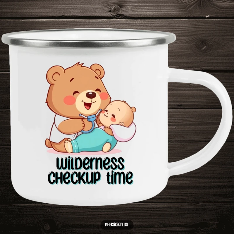 Funny camping mug with a happy bear gently examining a patient with a stethoscope, perfect for outdoor medical humor.