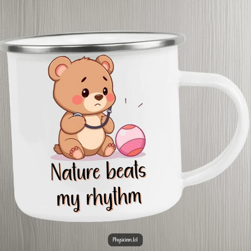 Funny camping mug with a concerned bear cub doctor examining a bouncy ball with a stethoscope, perfect for outdoor humor.