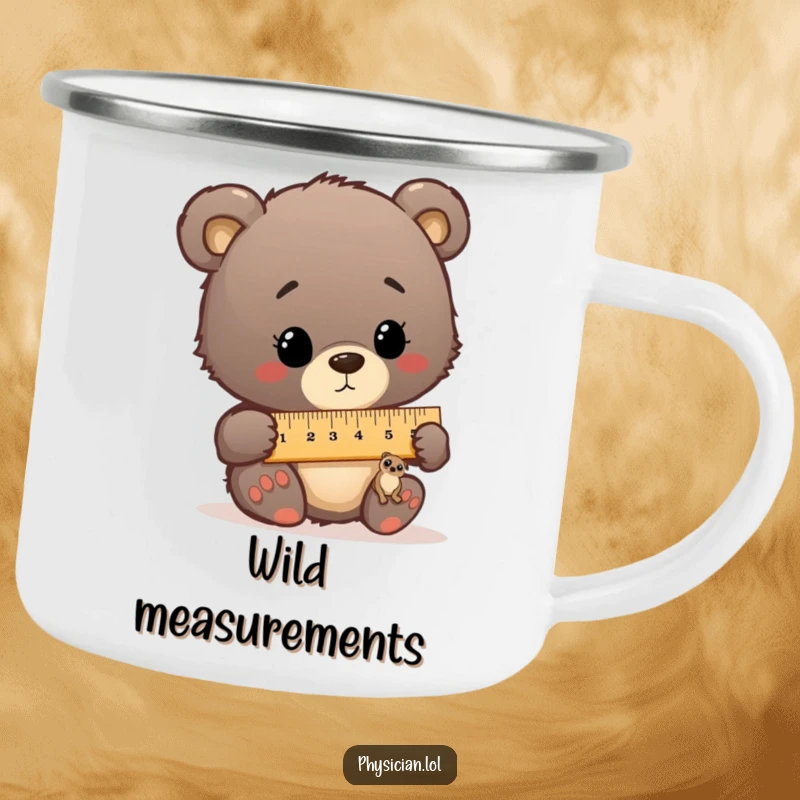 Funny camping mug with a bear cub doctor comically measuring a tiny patient, designed for outdoor humor.