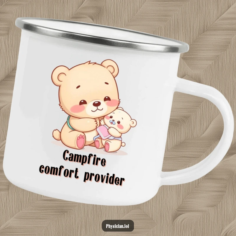 Funny bear cub camping mug with a compassionate cub patting a patient, perfect for adventures and humor.
