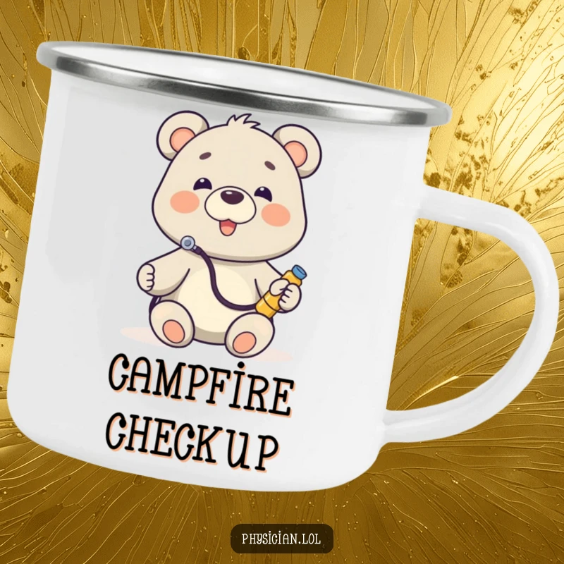 Funny Bear Doctor Camping Mug featuring a bear with a stethoscope, listening to a toy, perfect for cozy outdoor sips.