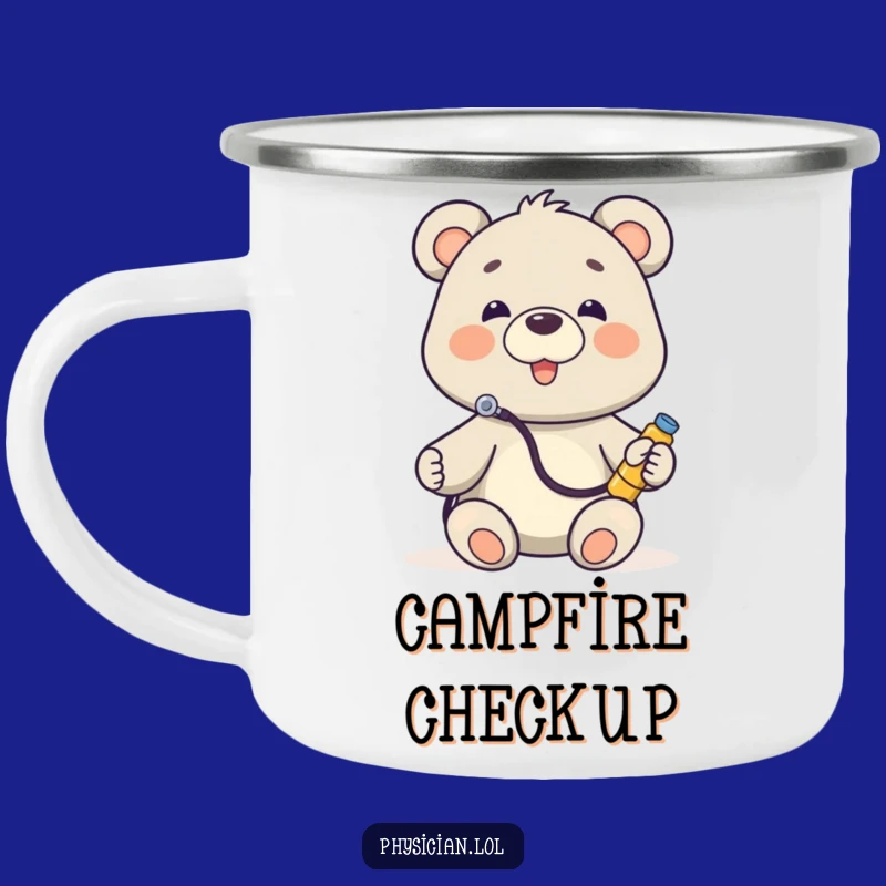 Funny Bear Doctor Camping Mug: Enamel stethoscope listening toy, durable and funny gift for outdoor adventures.