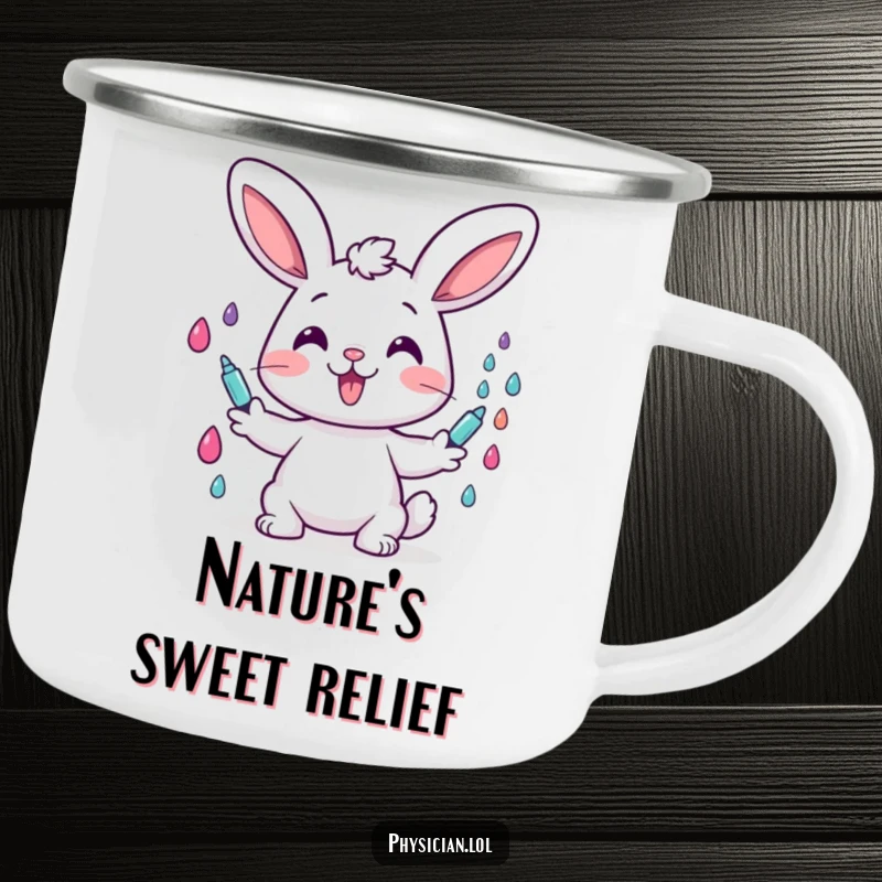 Funny camping mug depicting a cheerful bunny happily administering colorful drops, perfect for humorous outdoor hydration.