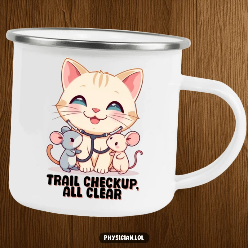 Funny Cat Camping Mug: A smiling cat with a stethoscope listens to a toy mouse. This rugged, humorous mug is perfect for outdoor care, a funny gift.
