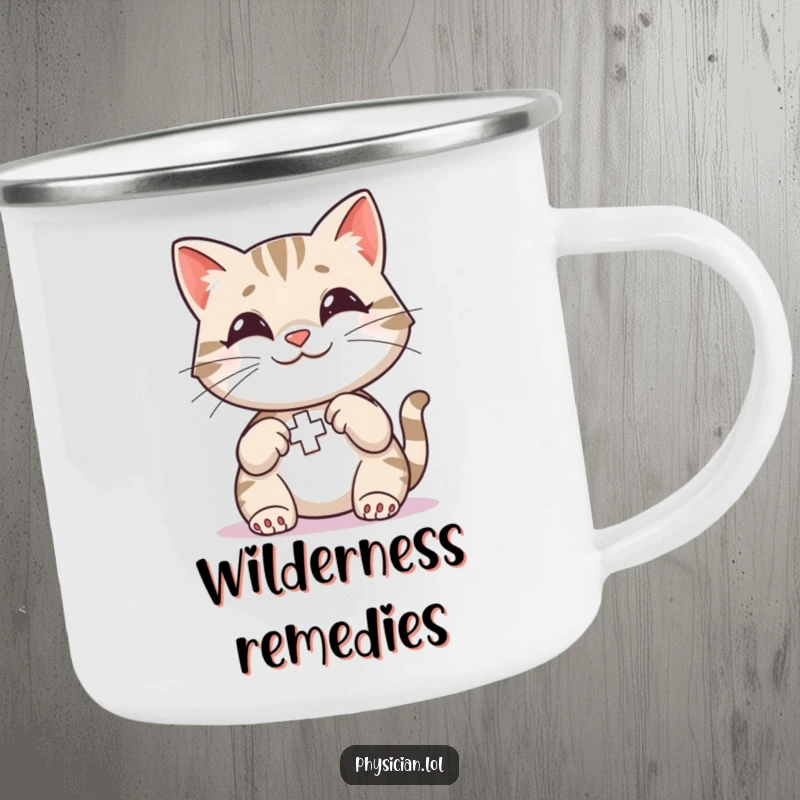 Funny Cat First Aid Camping Mug showing a smiling cat applying a bandage, perfect for enjoying drinks by the campfire.