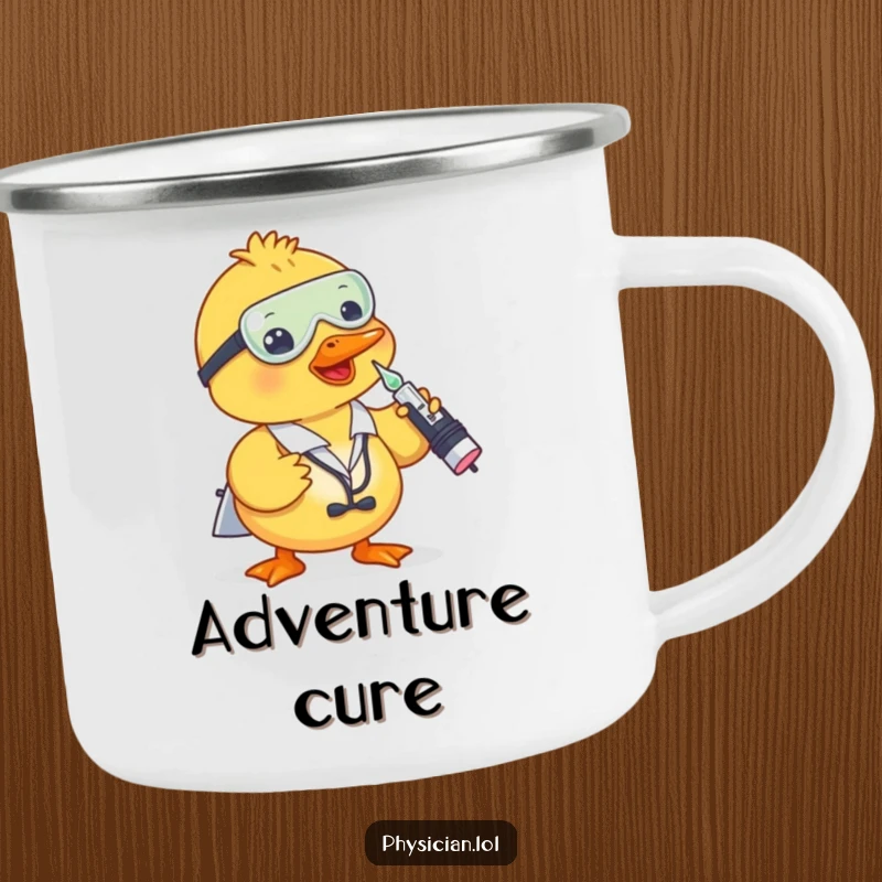 Funny duck doctor camping mug with a duck administering a shot from a dropper, ideal for rugged, humorous adventures.