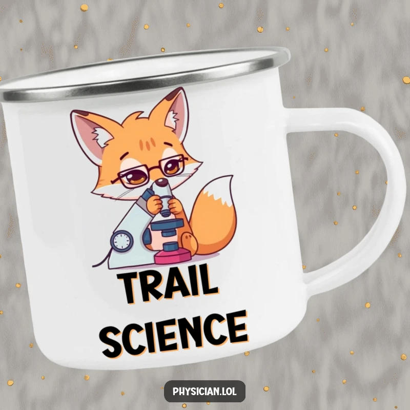 Funny Fox Camping Mug: a determined fox uses a microscope, perfect for outdoor enthusiasts who love science.