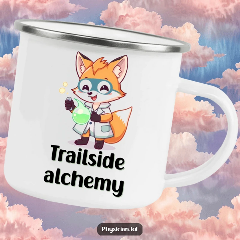Funny Fox Scientist Camping Mug with a fox in a lab coat holding a glowing potion, ideal for adventurous sips.