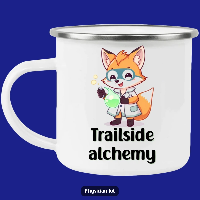 Funny Fox Scientist Camping Mug: Enamel lab coat, glowing potion, durable and funny gift for adventurers.