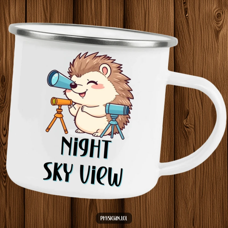 Funny camping mug featuring a giggling hedgehog using a miniature telescope, ideal for enjoying drinks with a humorous cosmic theme outdoors.