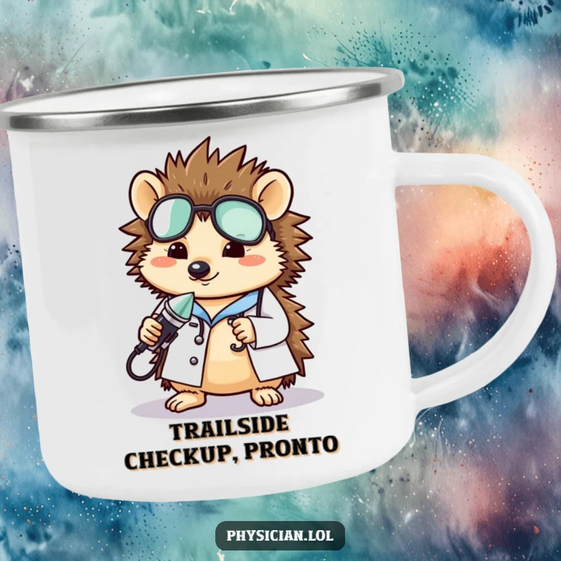 Funny hedgehog doctor camping mug, featuring a charming hedgehog medic ready for adventures, combining outdoor durability with humorous appeal, a great gift.